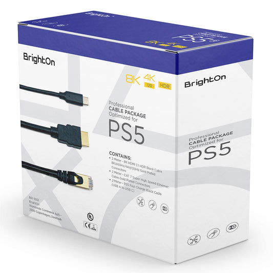 BrightOn HDMI 2.1 high-speed cable with gold-plated connectors, 2 meters, compatible with PS5 for 8K and 4K gaming and fast charging.