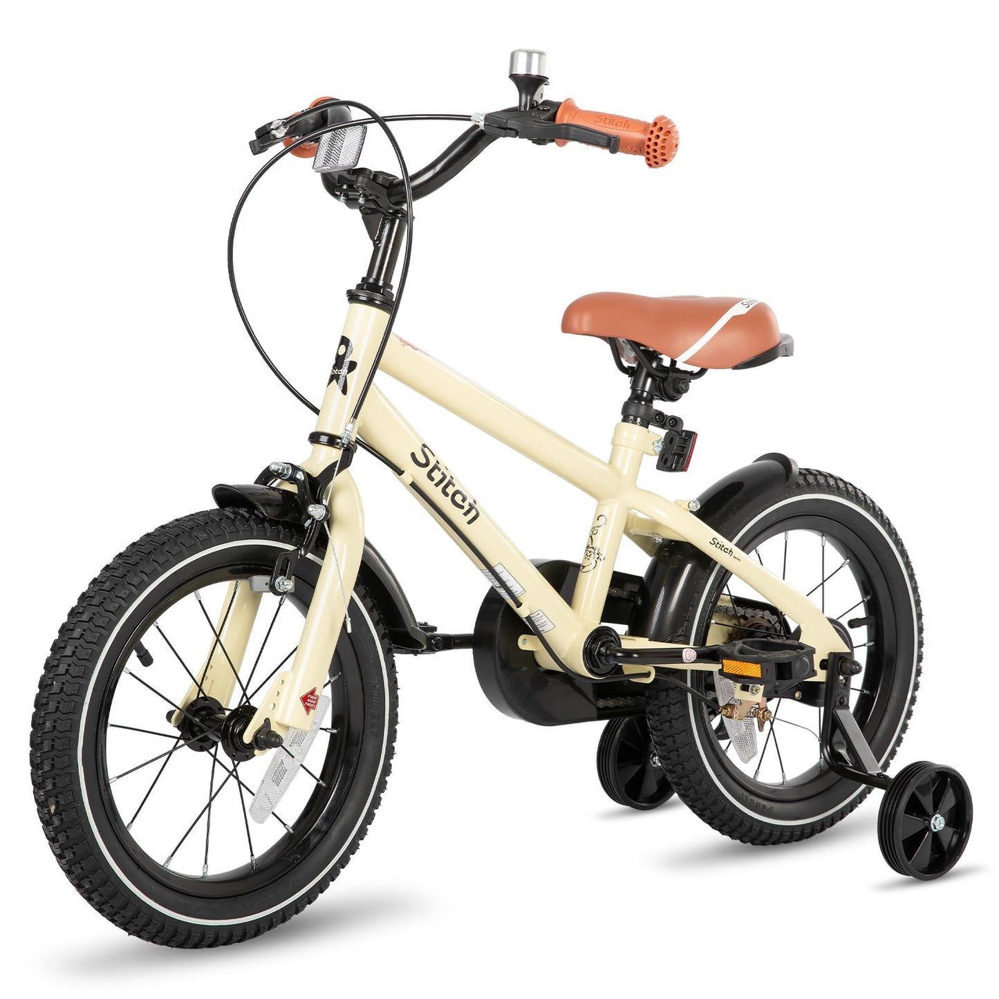 STITCH 16-inch kids bike in beige with stabilisers, designed for boys and girls aged 4-7, featuring 16" wheels.