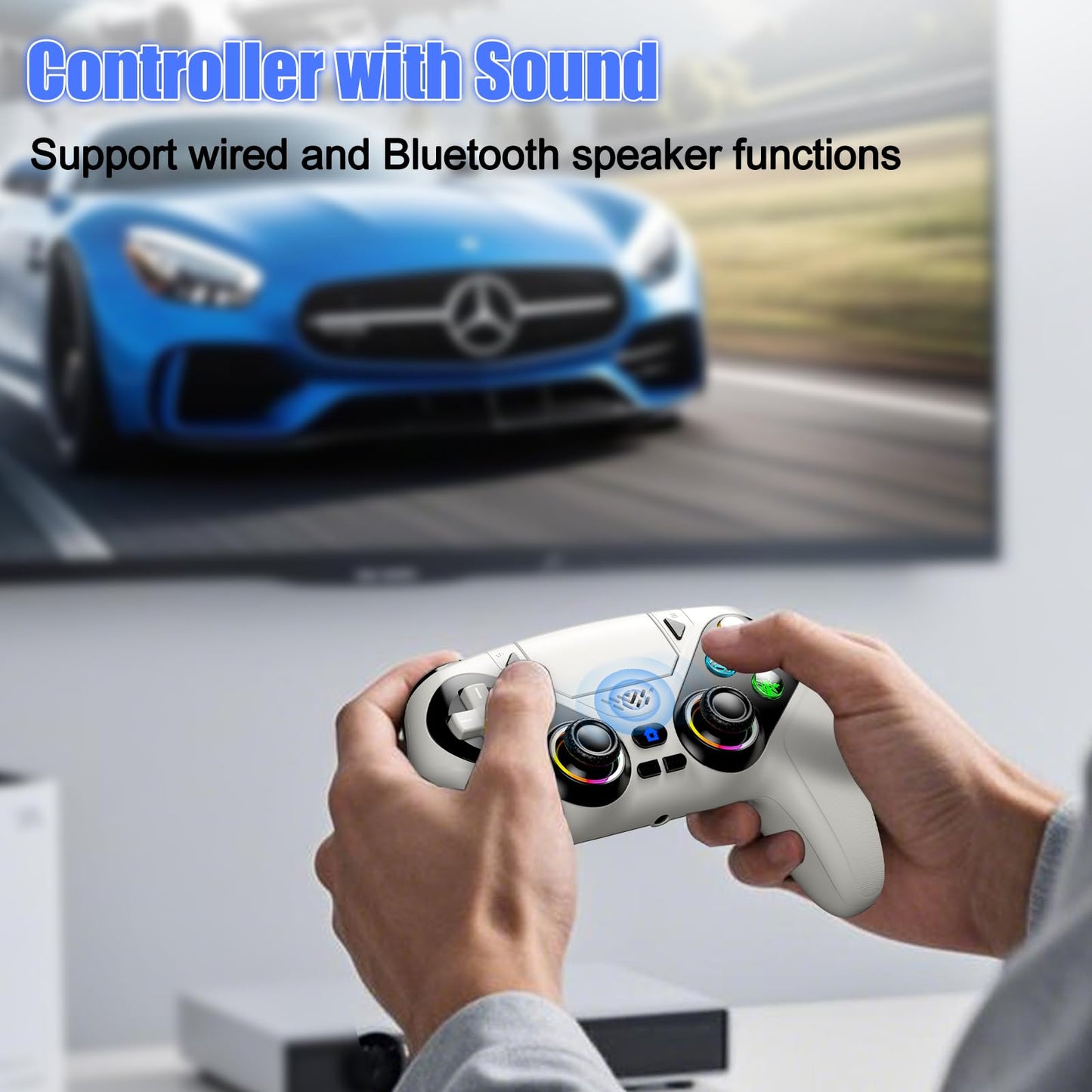 Gamrombo RGB Wireless Controller for PS5/Pro/Slim & PCs, Bluetooth Gamepad with Back Buttons, Touchpad, Macro, Turbo, Dual Vibration, 6-Axis Sensor, Speaker, 3.5mm Audio Jack, White