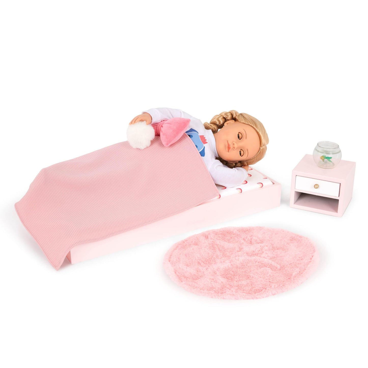 Our Generation OG Sweet Snuggles bedroom set for 18-inch dolls, featuring 10 pieces of colorful dollhouse furniture.