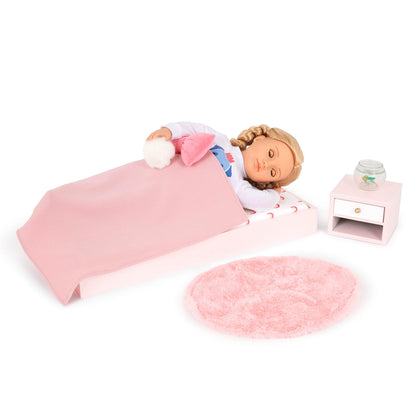 Our Generation OG Sweet Snuggles bedroom set for 18-inch dolls, featuring 10 pieces of colorful dollhouse furniture.