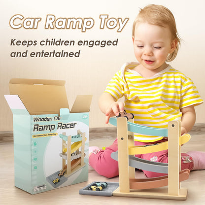 Vanplay wooden car ramp with four mini cars and a toy garage for toddlers aged 1-2 years, featuring vibrant colors.