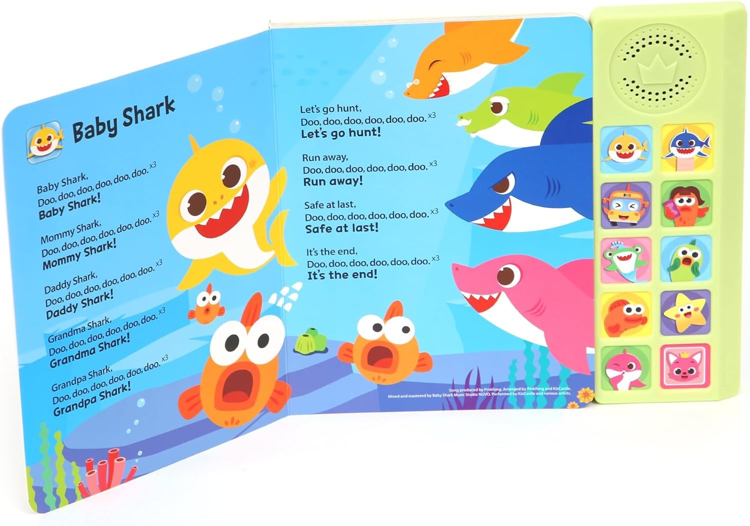 Pinkfong Baby Shark sing-along sound book with 10 buttons, featuring colorful nursery rhymes and interactive learning for toddlers.