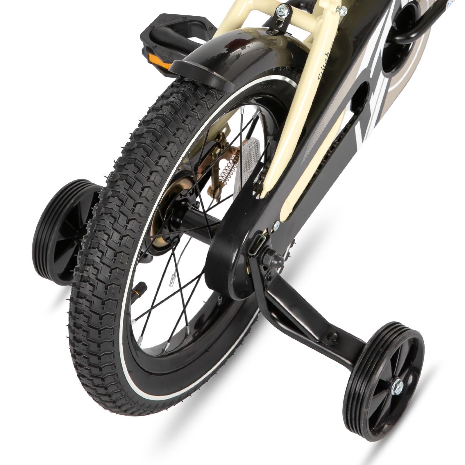 Beige STITCH 16-inch kids bike for boys and girls, featuring stabilisers and designed for ages 4-7.