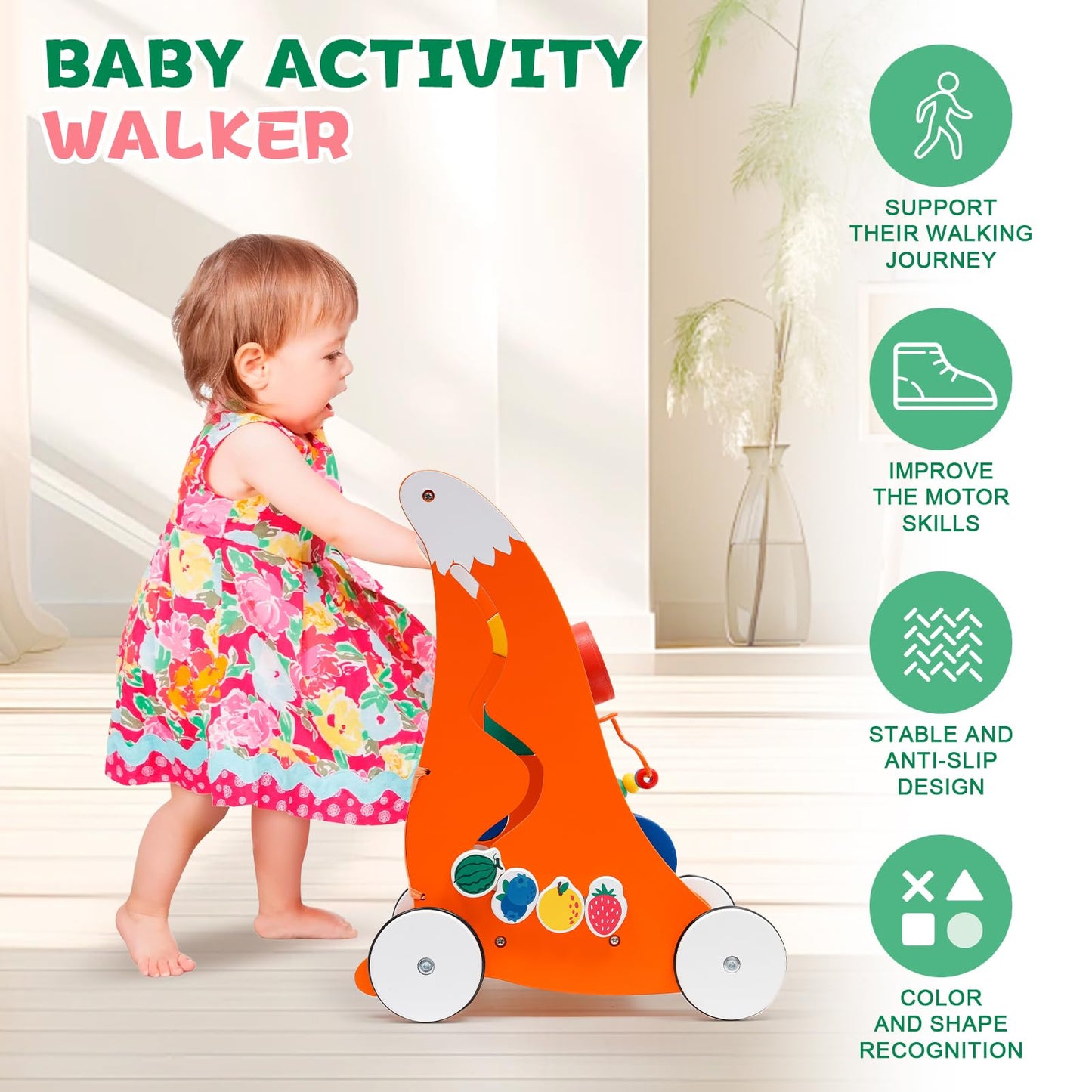 Forroby 2-in-1 wooden baby walker with activity center, Montessori game panel, anti-slip wheels, designed for toddlers 9 months+