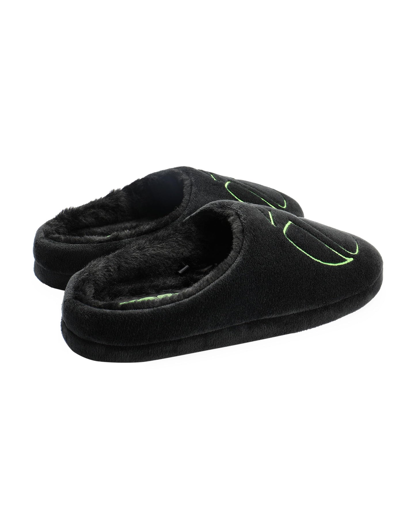 Xbox men's black velour slippers with gaming logo, fur-lined interior, rubber sole, ideal for indoor gaming and comfort.