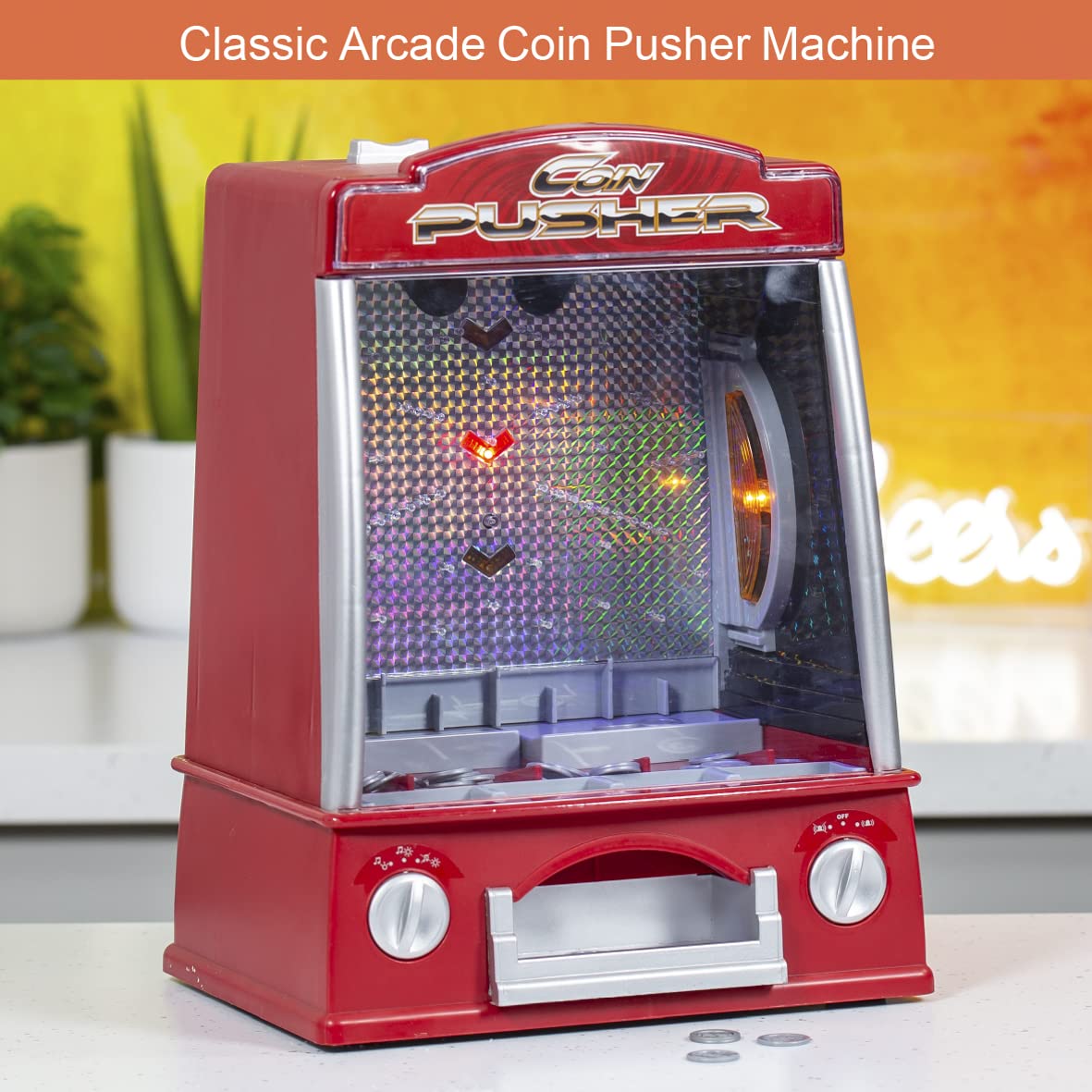 Global Gizmos Arcade Coin Pusher Game Machine Novelty, Fairground Kids, Family 50130, Red