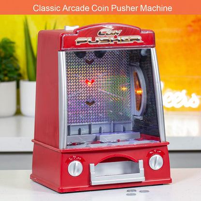 Global Gizmos Arcade Coin Pusher Game Machine Novelty, Fairground Kids, Family 50130, Red