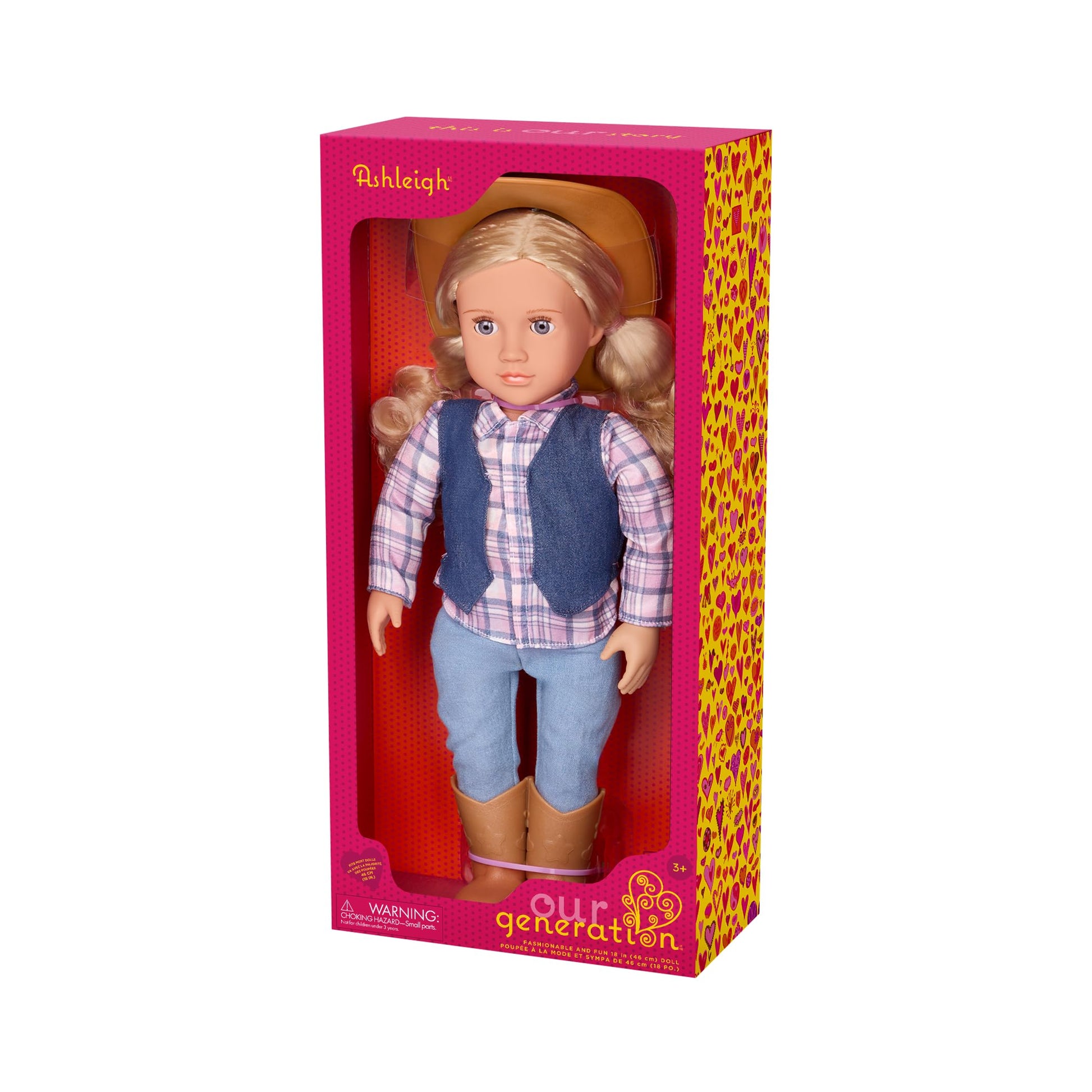 Our Generation Ashleigh cowgirl doll wearing a cowboy hat and tall riding boots with lifelike gray eyes.