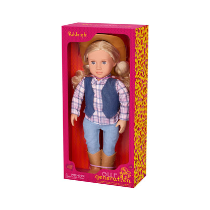Our Generation Ashleigh cowgirl doll wearing a cowboy hat and tall riding boots with lifelike gray eyes.