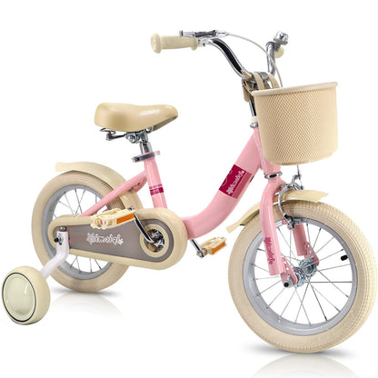 Kids Bike 14 Inch for Girls Children's Bike for Ages 3-5 Years with Stabilisers & Kickstand,Handbrake Coaster Foot Brake Basket and Bell (Pink, 14 Inch with Stabilisers & Kickstand)