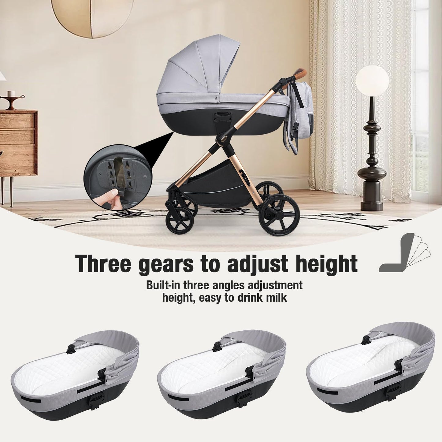Magic ZC 4 in 1 Pushchair Pram Travel System, Baby Stroller 4 in 1 with Reversible Two Pushing Modes, Newborn Infant Carriage One-Click Folding, Toddler Buggy Aluminum Frame (H2 Light Grey)