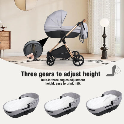 Magic ZC 4 in 1 Pushchair Pram Travel System, Baby Stroller 4 in 1 with Reversible Two Pushing Modes, Newborn Infant Carriage One-Click Folding, Toddler Buggy Aluminum Frame (H2 Light Grey)