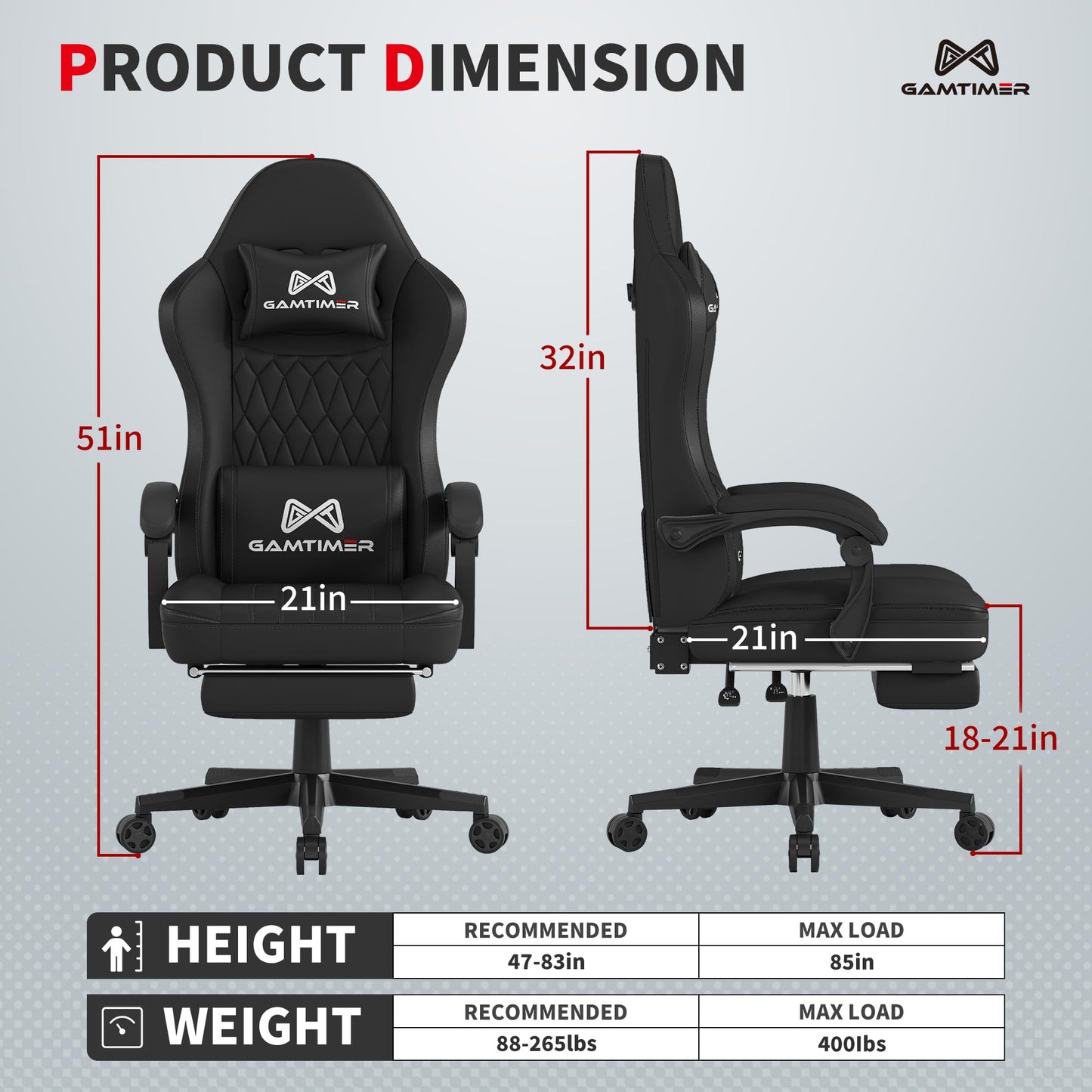 Gamtimer Gaming Chair with Footrest, Ergonomic Computer Chair, PU Breathable Material with Headrest and Lumbar Support, Suitable for Silla Gamer and Adults(BLACK)
