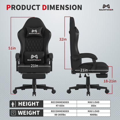 Gamtimer Gaming Chair with Footrest, Ergonomic Computer Chair, PU Breathable Material with Headrest and Lumbar Support, Suitable for Silla Gamer and Adults(BLACK)
