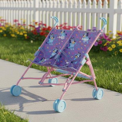 Bluey Buddy Buggy double stroller for kids, lightweight toy pram in Bluey print with umbrella fold and portable design for children 2+