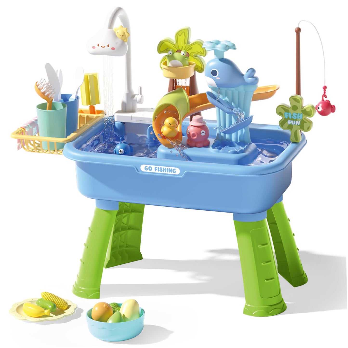 Huraoerrrr Water Table for Toddlers 1-3, Kids Electric Play Sink with Running Water, Removable Table Legs, 180° Rotating Faucet for Park, Nursery, Garden