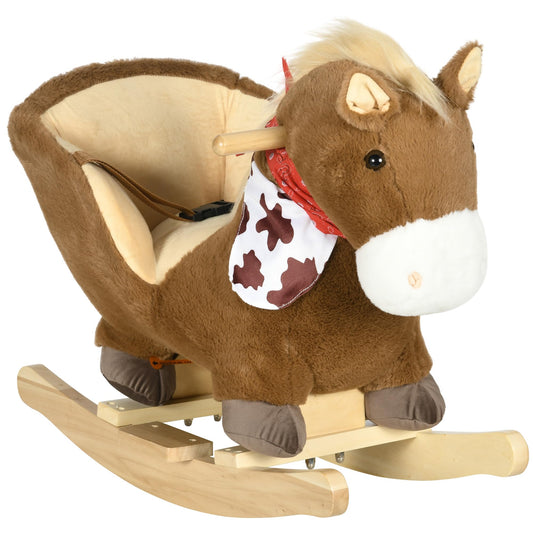 HOMCOM Kids Rocking Horse Plush Ride On Horse with Safety Belt, Realistic Sounds, Foot Pedals for Toddlers Aged 18-36 Months - Brown