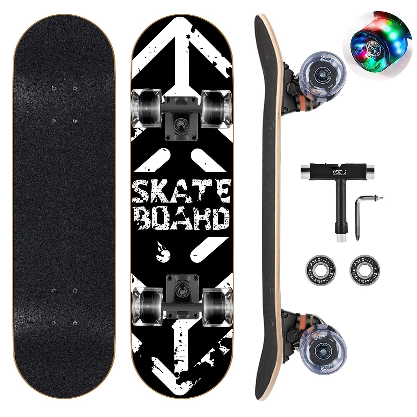 GIEEU Skateboards with Colorful Flashing Wheels for Beginners,Kids,Teens,Adults,31 x 8 Inch Complete Standard Skate Boards 9 Layer Canadian Maple Deck Concave Skateboard (Black White Skateboard-UK)