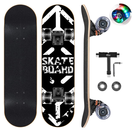 GIEEU Skateboards with Colorful Flashing Wheels for Beginners,Kids,Teens,Adults,31 x 8 Inch Complete Standard Skate Boards 9 Layer Canadian Maple Deck Concave Skateboard (Black White Skateboard-UK)