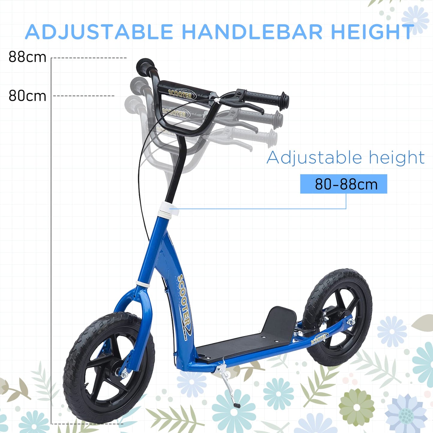 HOMCOM Kids Scooter, Toddler Kick Scooter with Adjustable Handlebar, 12" EVA Tyres, Rear Brake, for Age 5-12 Years, Blue