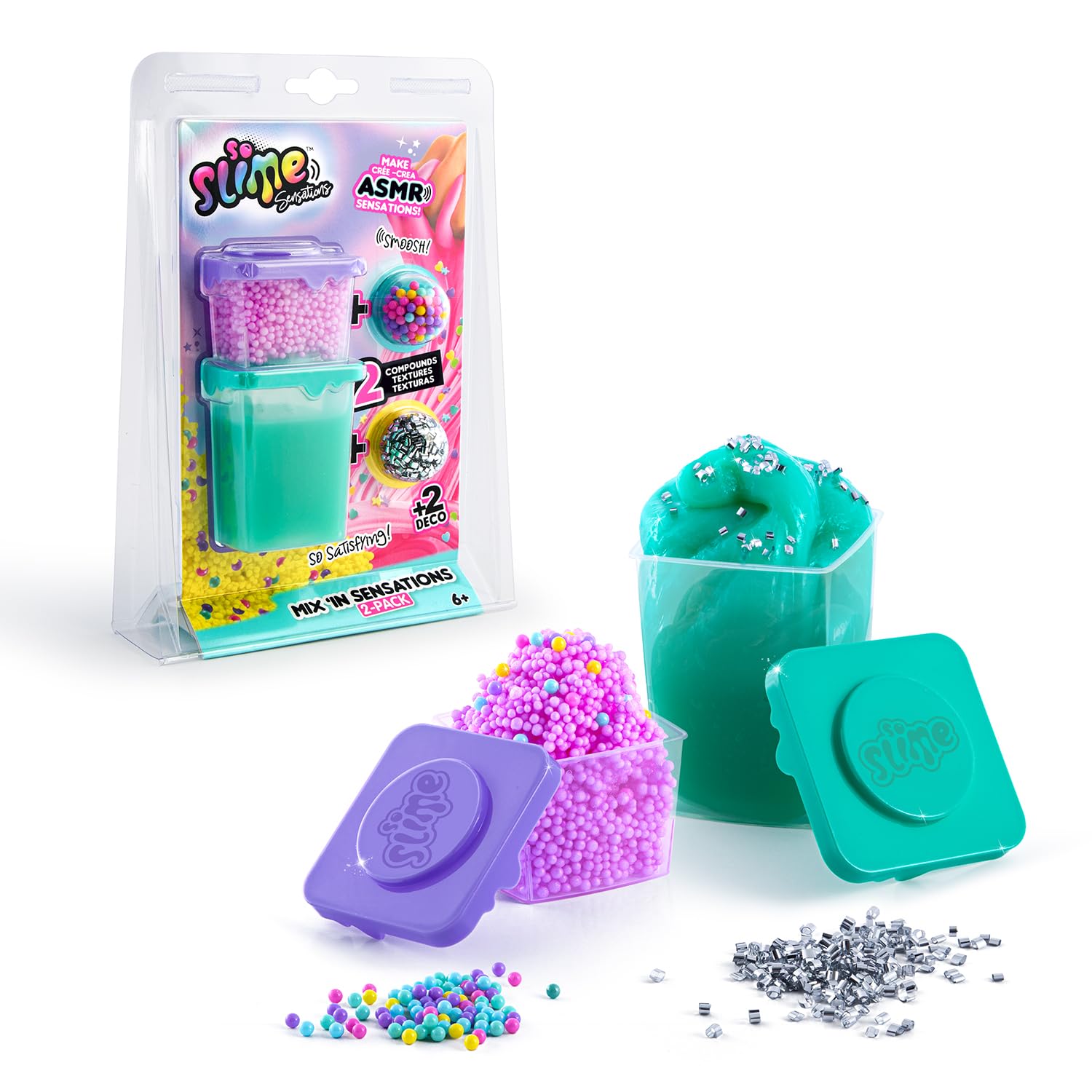 So Slime Sensations Mix’In Slime Set with two containers of colorful slime and mix-in decorations, suitable for kids age 6+