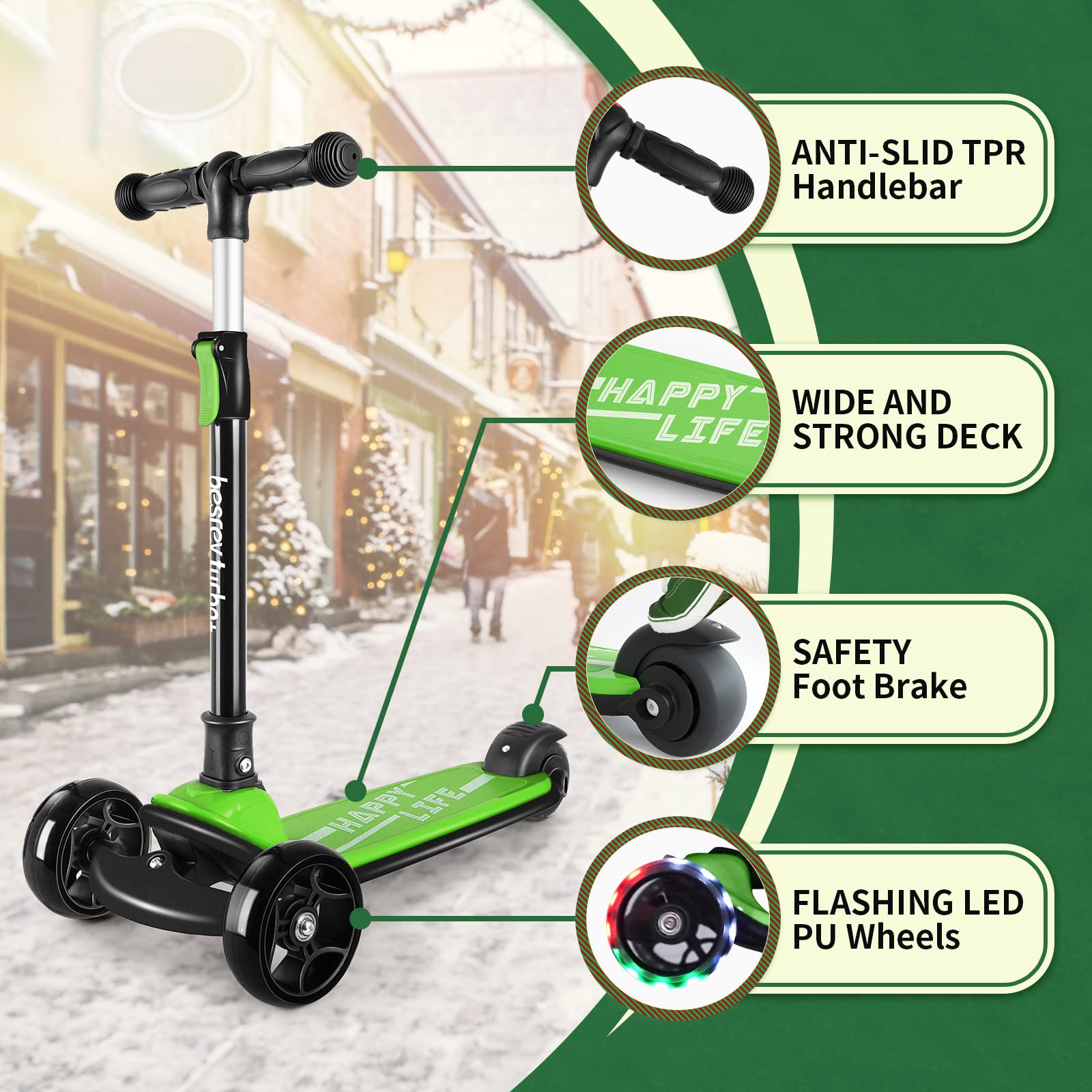 Besrey kids scooter with three wheels, large wheels, flashing LED lights, foldable design, and adjustable height for children ages 3-10.