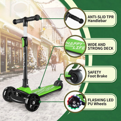 Besrey kids scooter with three wheels, large wheels, flashing LED lights, foldable design, and adjustable height for children ages 3-10.