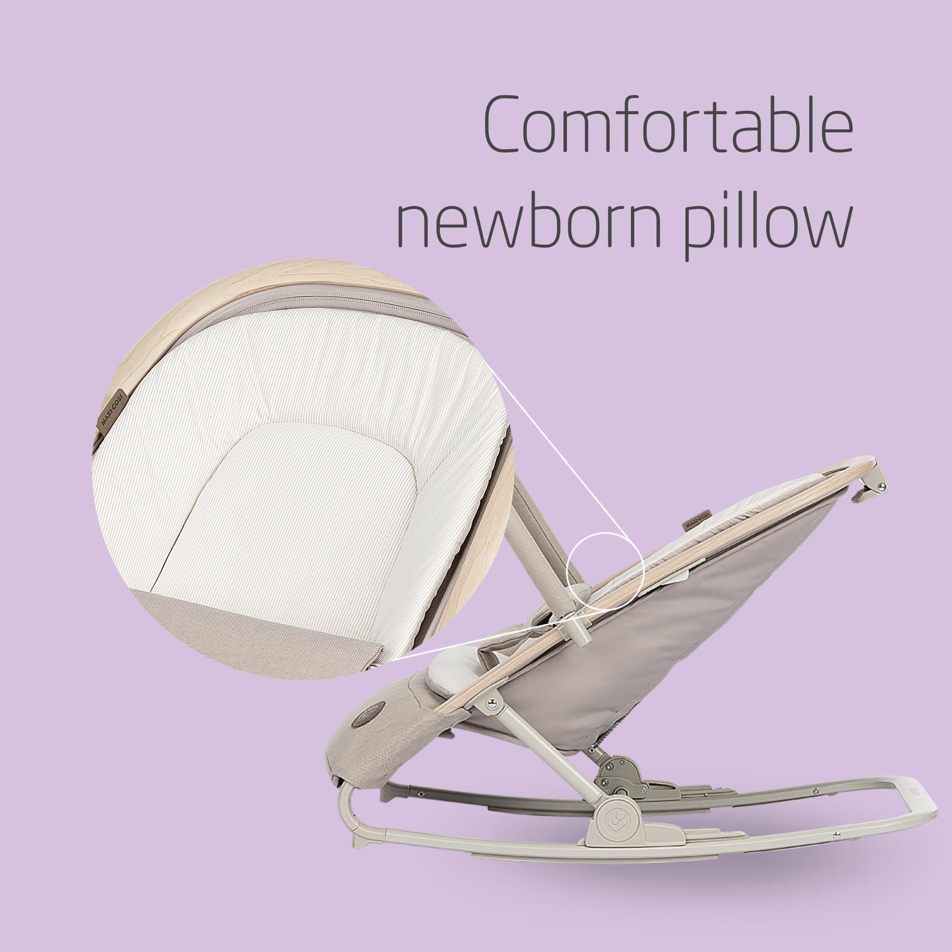 Maxi-Cosi Kori 2-in-1 ergonomic baby bouncer chair with toy arch, beige color, 3 recline positions, lightweight and compact design.