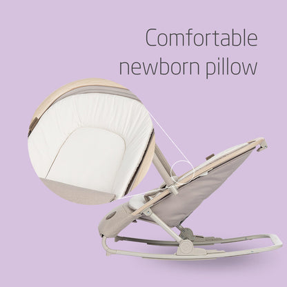 Maxi-Cosi Kori 2-in-1 ergonomic baby bouncer chair with toy arch, beige color, 3 recline positions, lightweight and compact design.