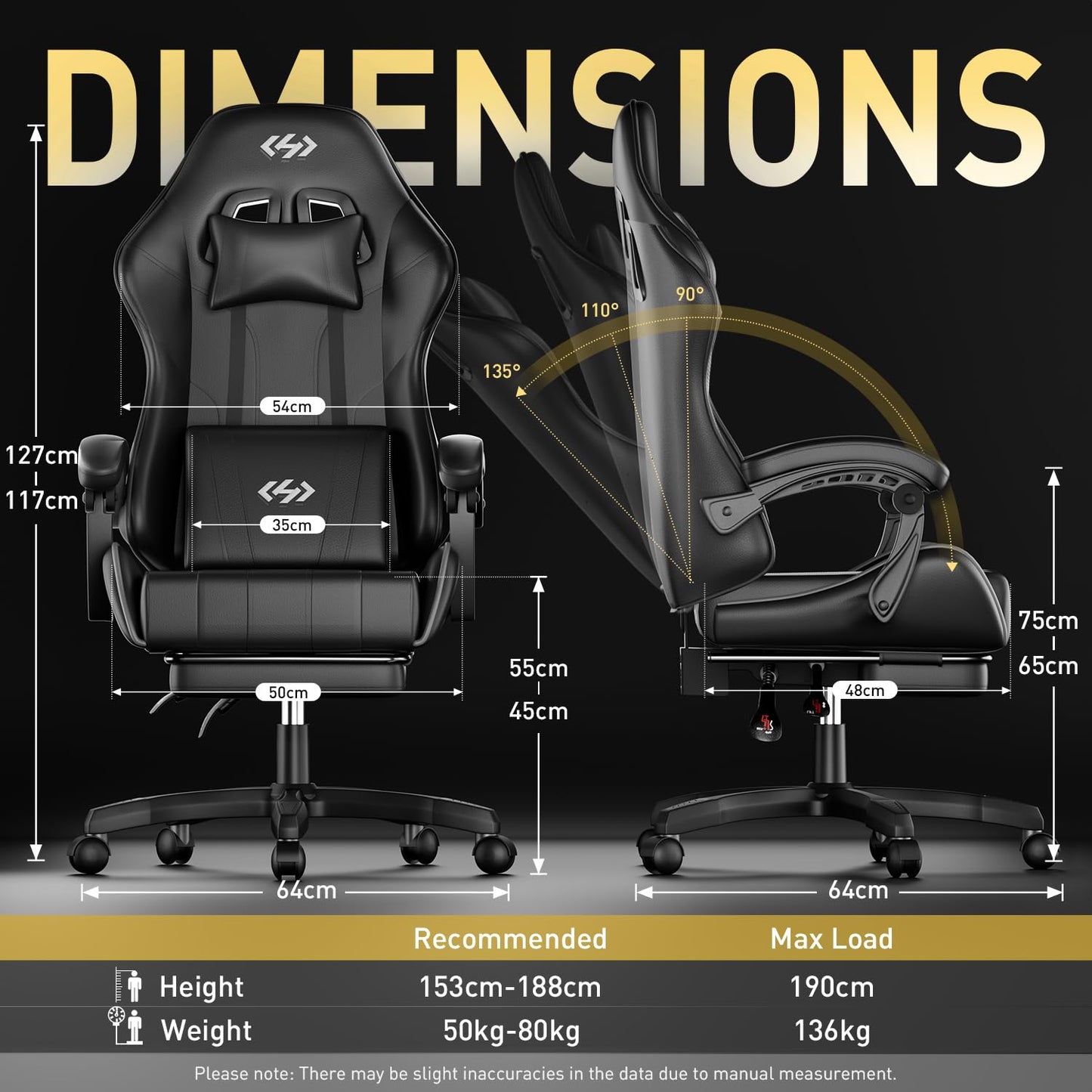 Black Precision Synergie gaming chair with ergonomic design, adjustable height, lumbar support, headrest, footrest, and 360° swivel.