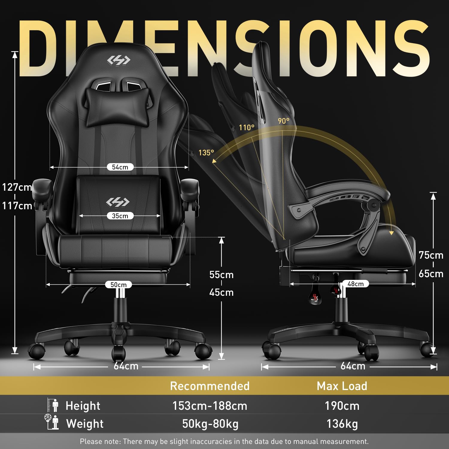 Black Precision Synergie gaming chair with ergonomic design, adjustable height, lumbar support, headrest, footrest, and 360° swivel.