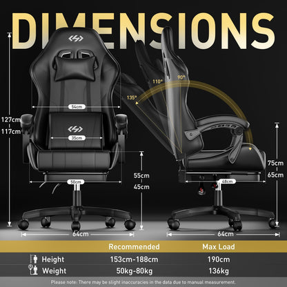 Black Precision Synergie gaming chair with ergonomic design, adjustable height, lumbar support, headrest, footrest, and 360° swivel.