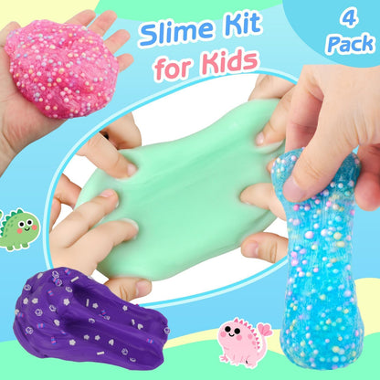Four colorful axolotl fluffy slime jars with charms, soft and stretchy, in pink, blue, purple, and green, for kids' slime party favors.