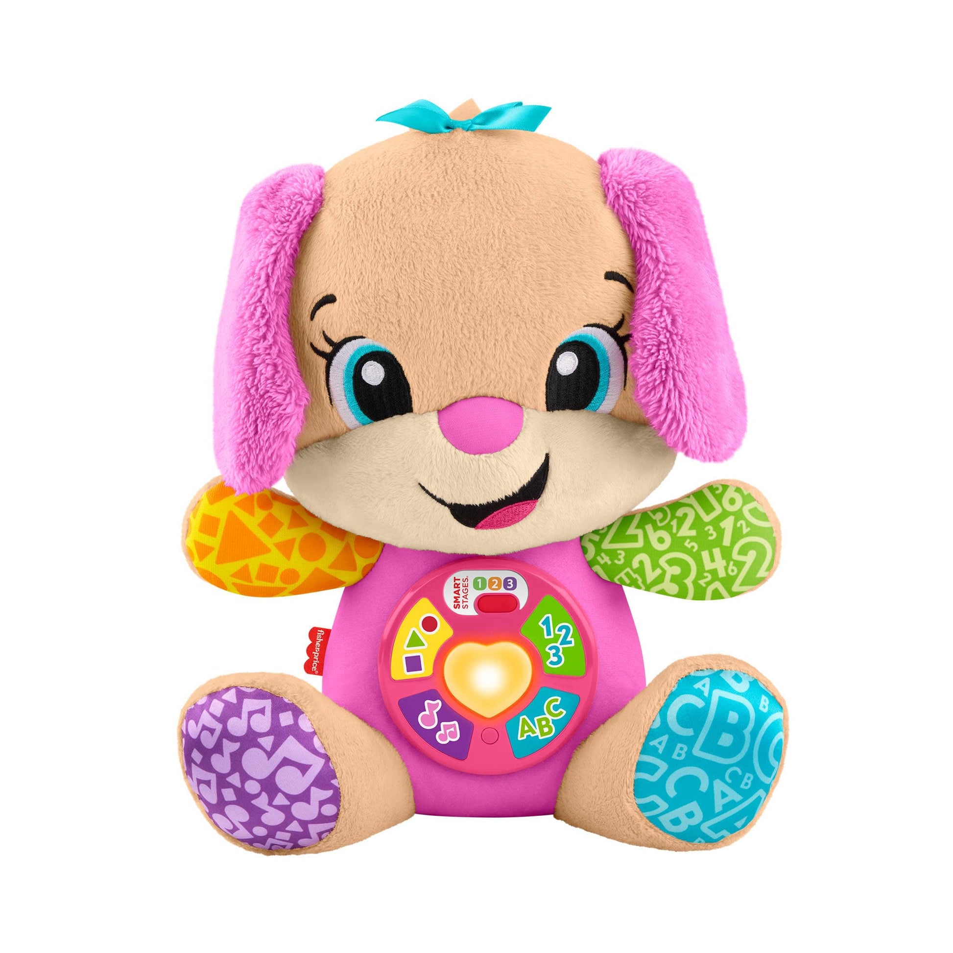 Fisher-Price Laugh & Learn Smart Stages Pink Musical Plush Baby Toy for infants 6+ months, with multilingual features.