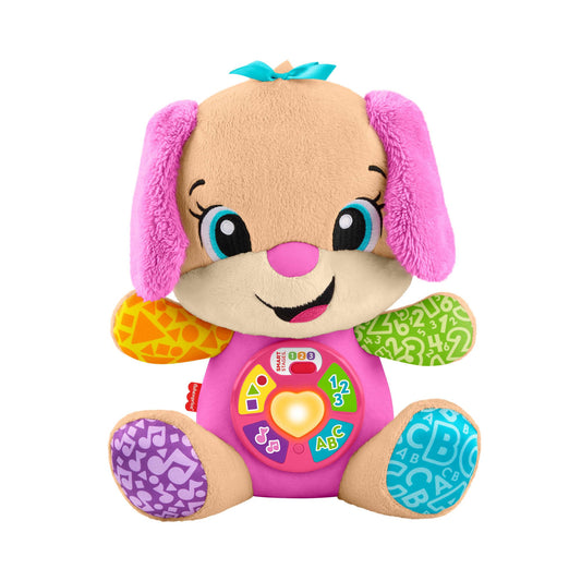 Fisher-Price Laugh & Learn Smart Stages Pink Musical Plush Baby Toy for infants 6+ months, with multilingual features.