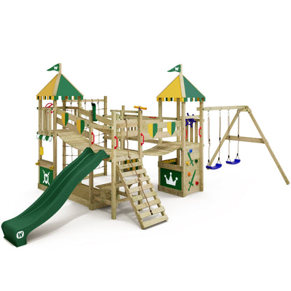 WICKEY Wooden climbing frame Smart Queen with swing set, green-yellow tarp & green slide, Outdoor kids playhouse with sandpit, climbing ladder & play-accessories for the garden
