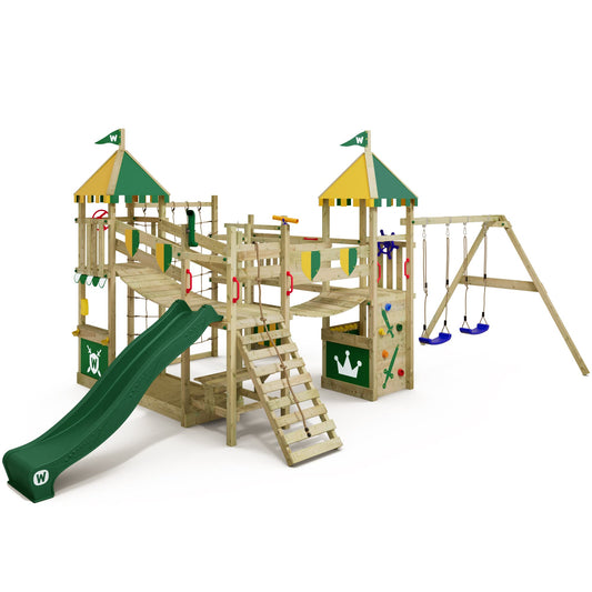 WICKEY Wooden climbing frame Smart Queen with swing set, green-yellow tarp & green slide, Outdoor kids playhouse with sandpit, climbing ladder & play-accessories for the garden