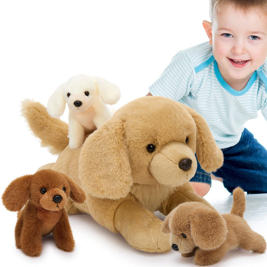 MorisMos Big Golden Retriever Teddy Soft Toy, 45cm Mom with 3 Cuddly Baby Inside, Giant Fluffly Dog Plush Toy Realistic Kawaii Gift for Kids Birthday Deco