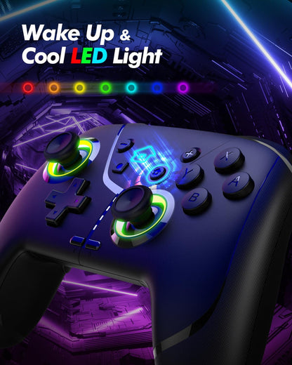 Ligame Switch Wireless Controller in black with ergonomic design, RGB lighting, turbo and vibration modes for iPhone, Android, PC, and more.