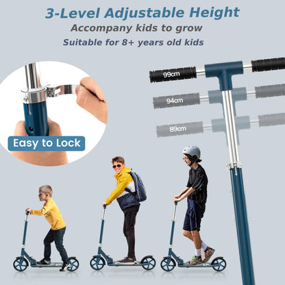 SPOTRAVEL folding kick scooter for kids, featuring adjustable handlebars, rear brake, kickstand, and lightweight design.