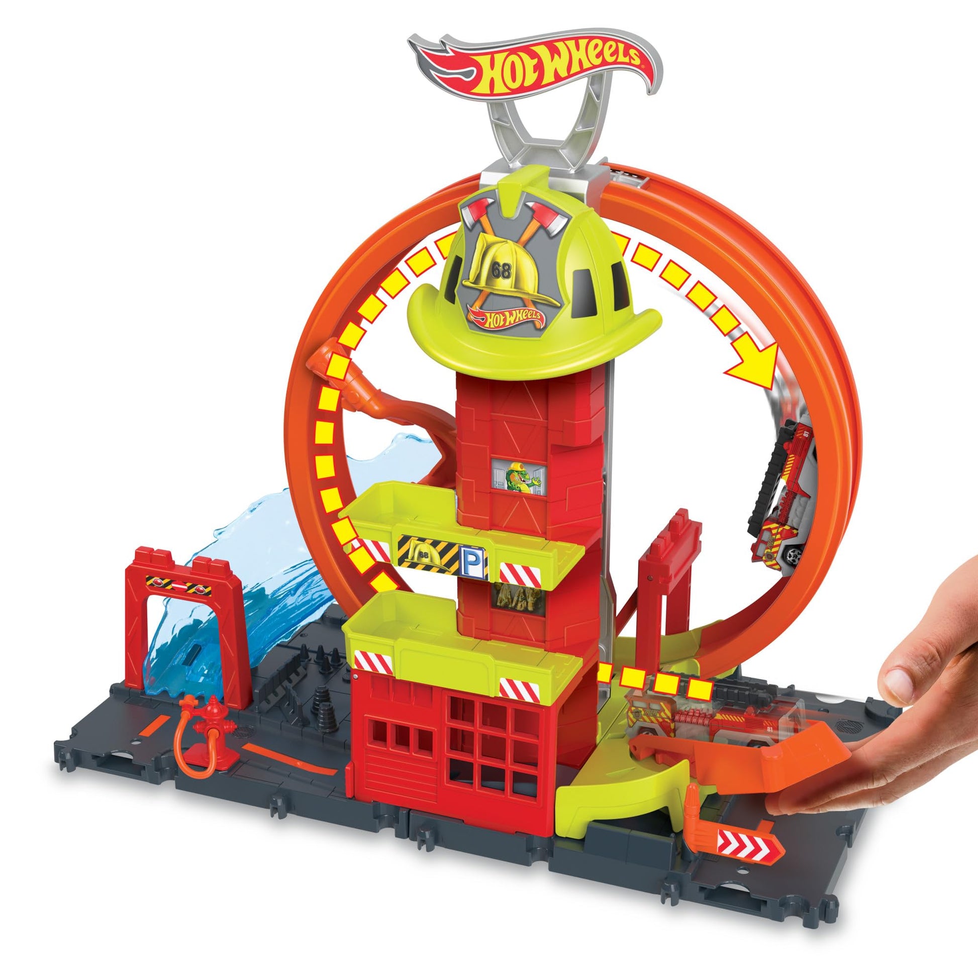 Hot Wheels City playset featuring a toy car, kid-powered elevator, water-like ramp, fire station, and super loop track.