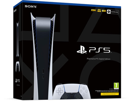 PlayStation 5 Digital Console with sleek black design and disc-free gaming setup, featuring modern, minimalist appearance.