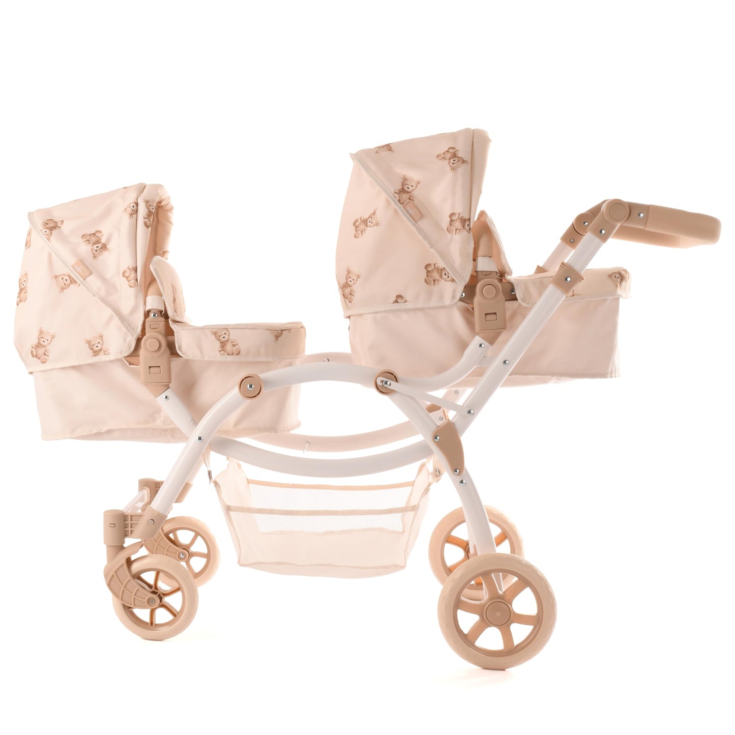 Roma Teddy Twin Dolls Pram - Realistic Double Dolls Pushchair for Ages 3-16, Cream with Teddy Print, Adjustable Handle, 16 Combinations, Ideal Toy Pram for Reborn Dolls, Includes Bag & Basket