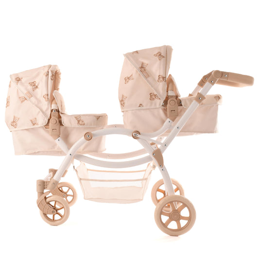 Roma Teddy Twin Dolls Pram - Realistic Double Dolls Pushchair for Ages 3-16, Cream with Teddy Print, Adjustable Handle, 16 Combinations, Ideal Toy Pram for Reborn Dolls, Includes Bag & Basket