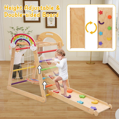 5-in-1 Wooden Climbing Frame, Adjustable Slide, Swing, Climbing Net and Monkey Bars,Montessori Indoor/Outdoor Jungle Gym for Toddlers