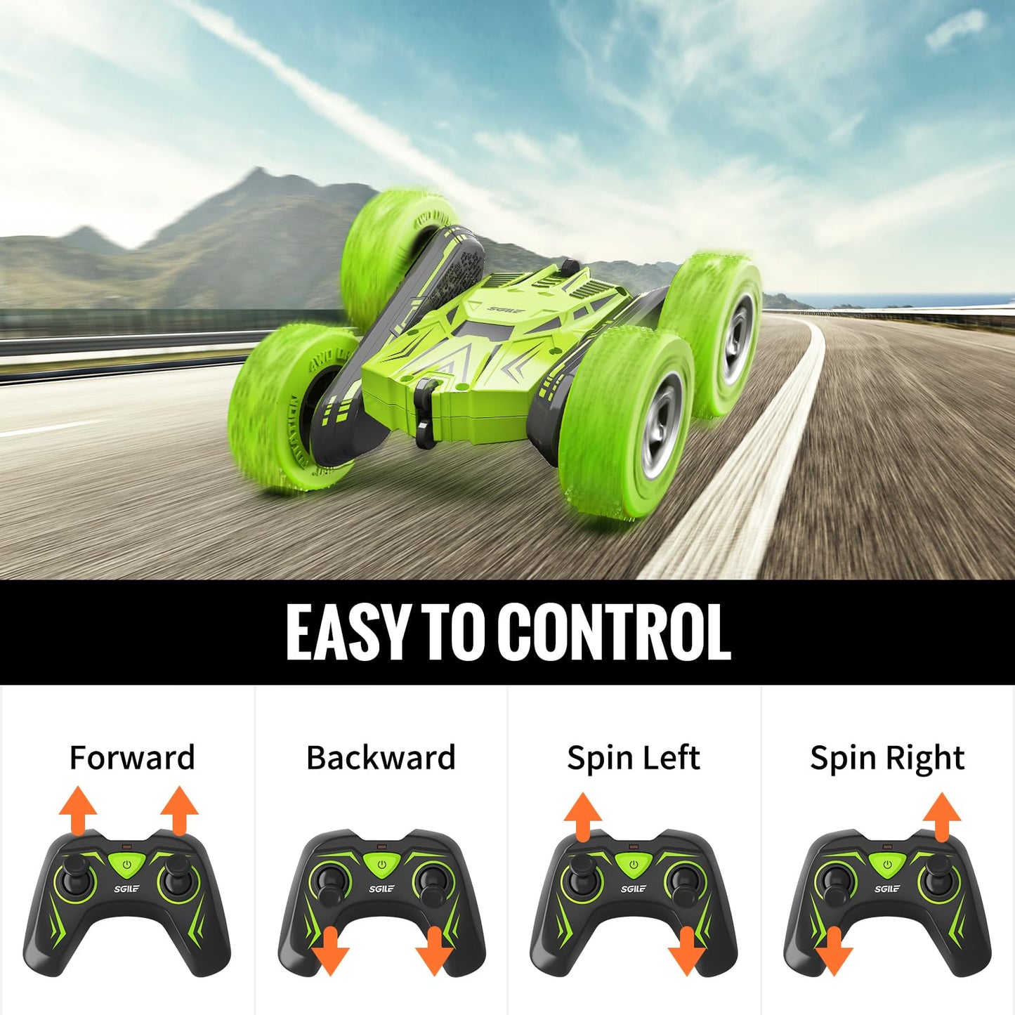 SGILE RC Stunt Car, Remote Control Car Toys with 2 Sided 360 Rotation, Direct Charge RC with Flips, Radio Controlled Cars for Boys Girls Kids Age 6+, Toy Gifts for Birthday Christmas, Green