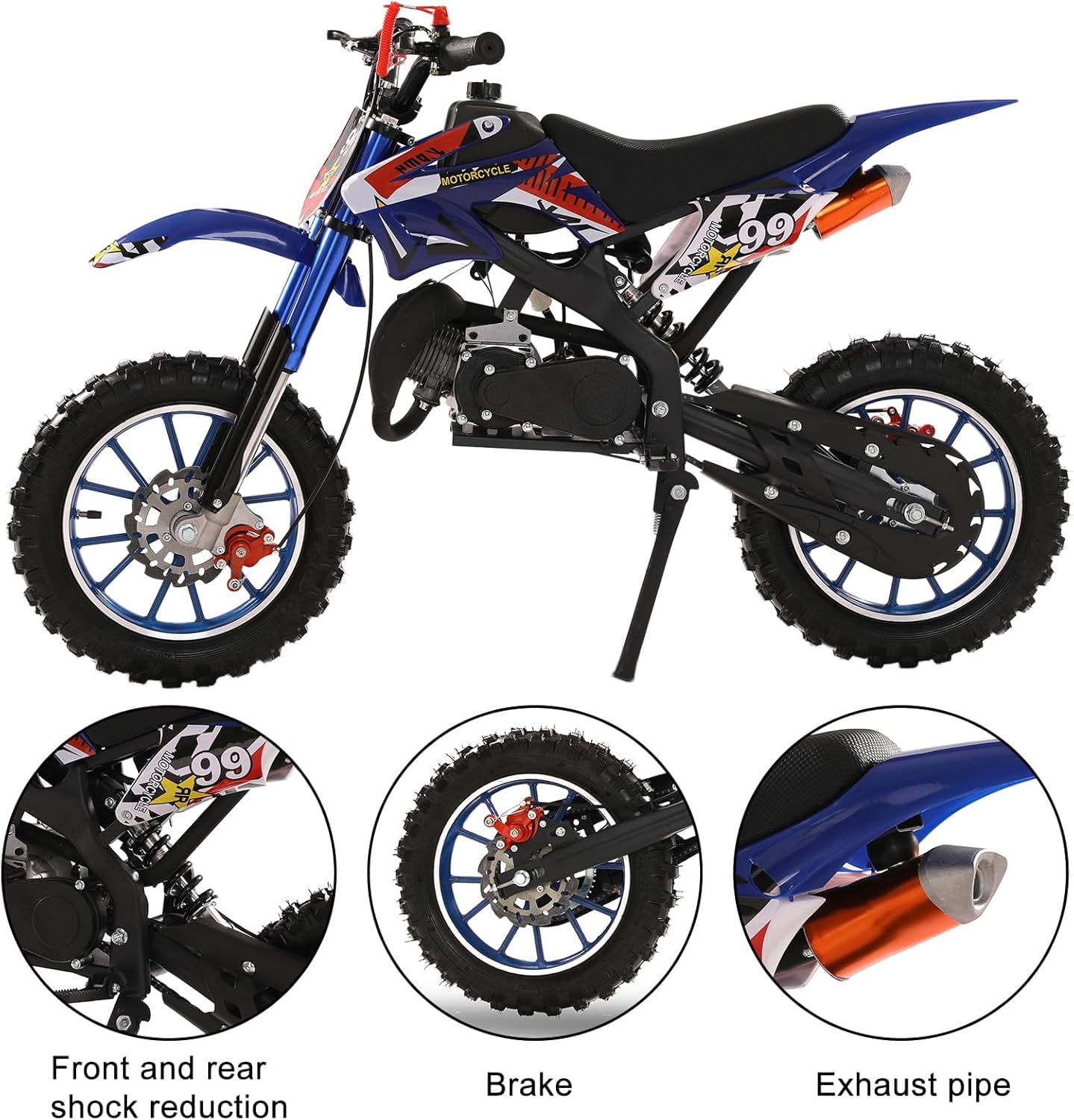 tekrabea Kids Dirt Bike, 49cc 2-Stroke Petrol Power Motocross Bike, Pocket Rocket Bikes with Dual Disc Brakes, Petrol Bikes for Kids Ages 6-12, Racing Max Speed 40km/H (Blue)