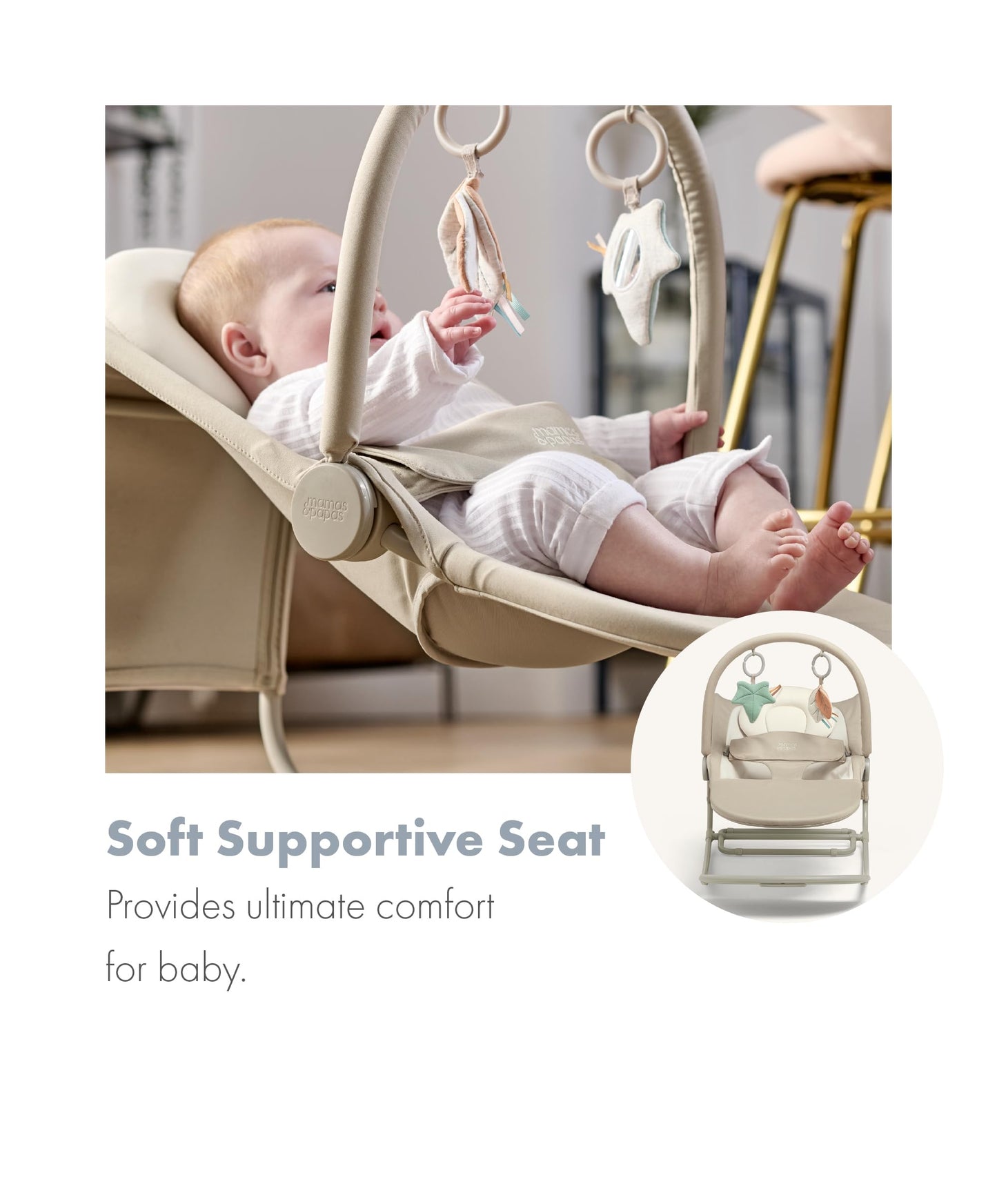 Mamas & Papas Tempo 3-in-1 Rocker/Bouncer, Lightweight, 3-Point Harness and Easily Removable Magnetic Toy Bar, Sand