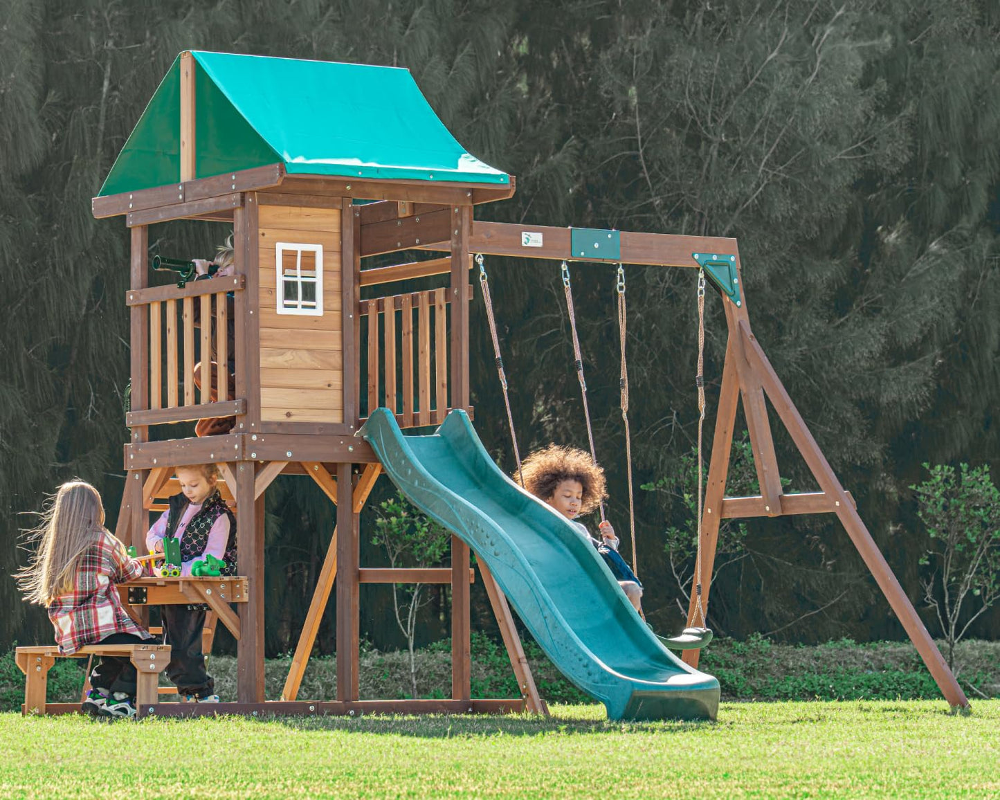 DOLPHIN PLAYGROUND T Wooden Swing and Slide Set for Backyard, Kids Swing Set with Picnic Table, Play House for Kids Outdoors with Slide 2 Swings Climbing Wall, Kids Outdoor Play Equipment for Ages 3+